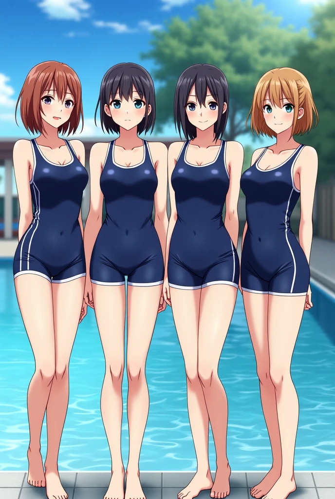 masterpiece, best quality, finely detailed, women, one piece swimsuit, smiling, running, group, multiple characters