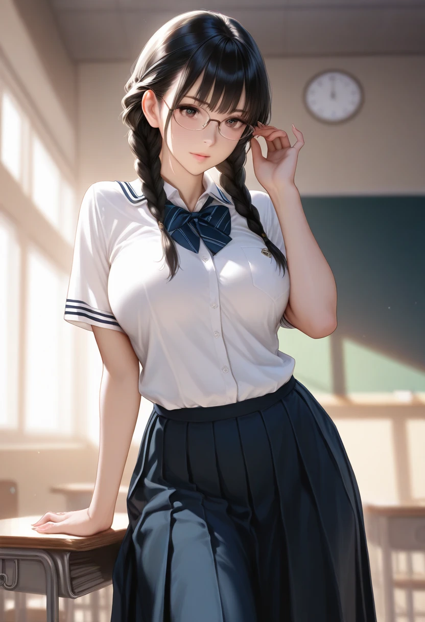 (Ultra-detailed、masutepiece, top-quality:1.3), (Ultra detailed 8K cg:1.2), (hyper realisitic:1.35), (Photorealistic:1.45), (Realistic:1.4), Cowboy Shot,
1 beautiful Japanese girl, 28 years old, beautiful supermodel, Japanese Idol, Large breasts, (sitting on the desk:1.1), (School uniform:1.4), (Spread legs:1.2),Stand on your knees with only your left leg、White panties, sexy, sensual, (School classroom background:1.1),{Gigantic|Big|Huge|Mega} breasts, cleavage、Beautiful woman full of adult charm、blue-sky