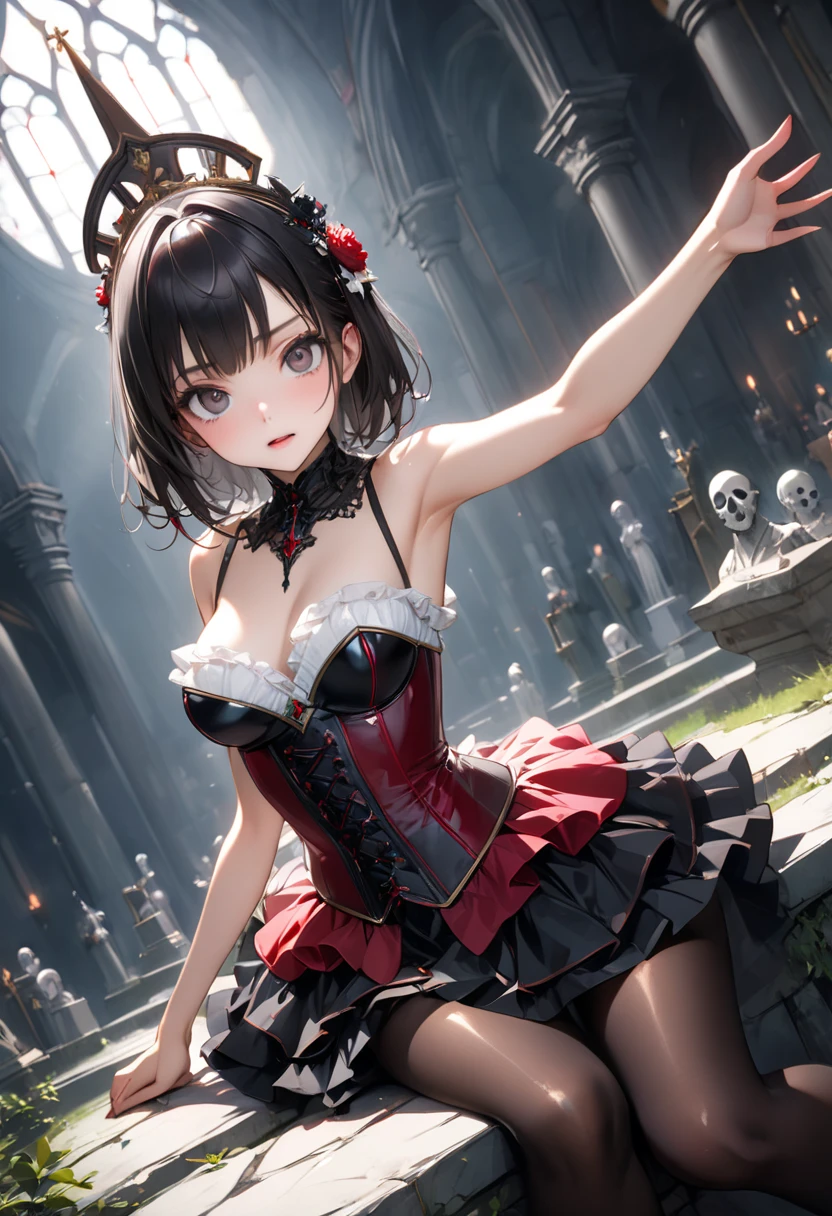 ((Highest quality)), (masterpiece)), (detailed: 1.4), Disorganized solutions、High resolution、(masterpiece:1.4)、Super detailed、Beautiful girl、Highest quality、masterpiece、Very detailed、(1 person):1.4、(Black latex)、、Twin tails、Short Twin tails、choker、:1.1,(Shiny latex)、elbow full gloves,thighhigh boots,Ominous landscape,Dark aura,ruins,skull,Bloodbath,evil grin,evil smile,Anxious smile,