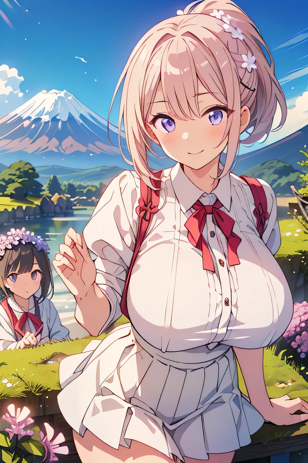 top quality、high resolution、(high image quality:1.3)、masterpiece、detailed background、(highly detailed face:1.2)、(detailed eyes:1.2)、 beautiful woman in her 20s 、huge breasts、Normal number of fingers、anatomically correct、perfect body line、Bright-colored hair、ponytail、Braided bob cut、under the clear blue spring sky、carpet of moss phlox that spreads all over、big smiles、Do cute things、
(Two women reflecting Mt. Fuji and moss phlox in the background:1.5)、
small pink, white, and purple flowers々Swaying in the wind、carrying a gentle scent、majestic Mt. Fuji with snow still standing in the distance、
The contrast between white and blue further enhances the vividness of moss phlox、Spring breeze blowing through the flower々Let your hair flutter softly with、
x} pale Pink blouse or white blouse made of chiffon material、Beige or light gray flared skirt or wide pants、
The majestic Mt. Fuji with snow still standing in the distance、simple beige pumps、that gently flutters the hair with an overall light, spring-like color、very beautiful