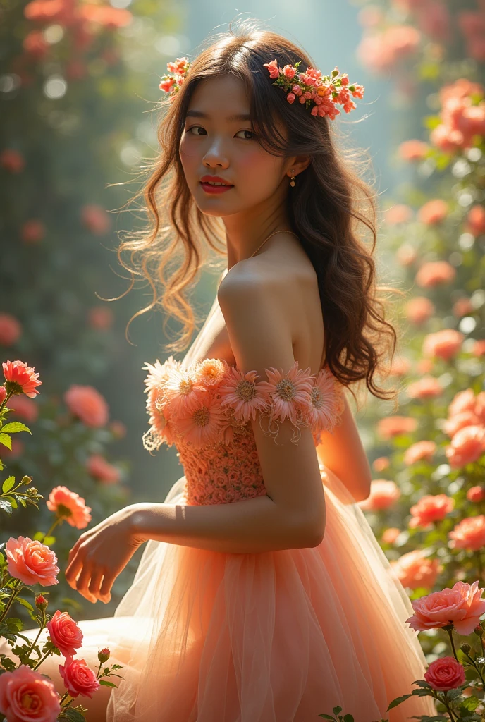, princess, pink, yellow, long hair, dark brown hair, green eyes, lace dress, pink dress,