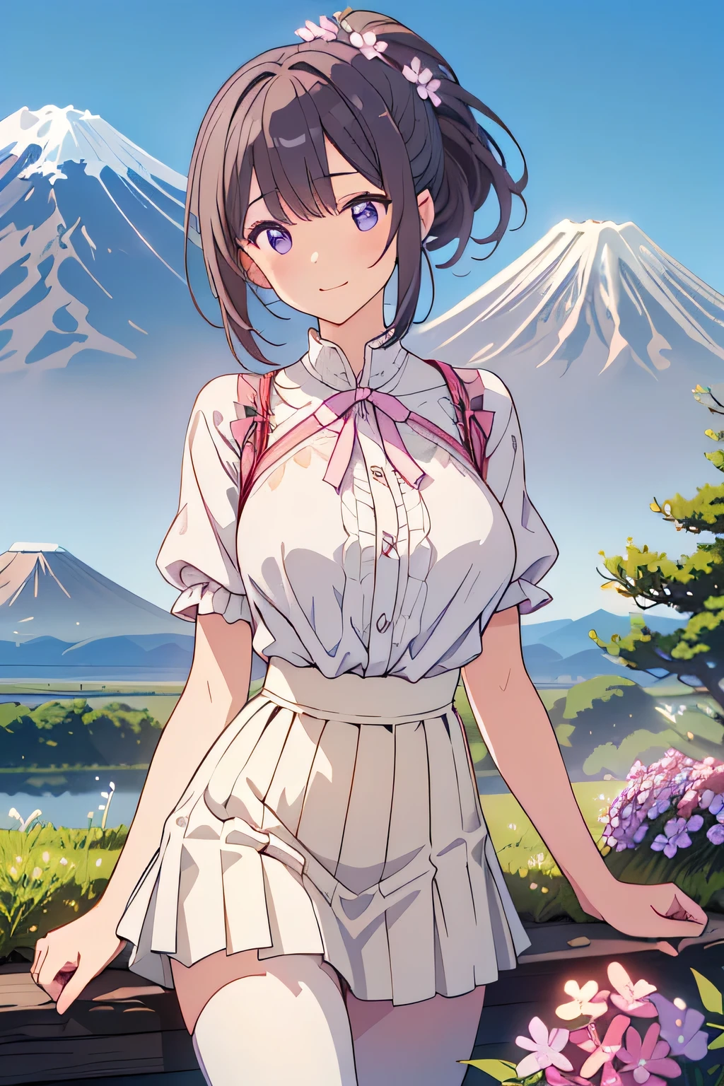 top quality、high resolution、(high image quality:1.3)、masterpiece、detailed background、(highly detailed face:1.2)、(detailed eyes:1.2)、 beautiful woman in her 20s 、huge breasts、Normal number of fingers、anatomically correct、perfect body line、Bright-colored hair、ponytail、Braided bob cut、under the clear blue spring sky、carpet of moss phlox that spreads all over、big smiles、Do cute things、
(Two women reflecting Mt. Fuji and moss phlox in the background:1.5)、
small pink, white, and purple flowers々Swaying in the wind、carrying a gentle scent、majestic Mt. Fuji with snow still standing in the distance、
The contrast between white and blue further enhances the vividness of moss phlox、Spring breeze blowing through the flower々Let your hair flutter softly with、
x} pale Pink blouse or white blouse made of chiffon material、Beige or light gray flared skirt or wide pants、
The majestic Mt. Fuji with snow still standing in the distance、simple beige pumps、that gently flutters the hair with an overall light, spring-like color、very beautiful