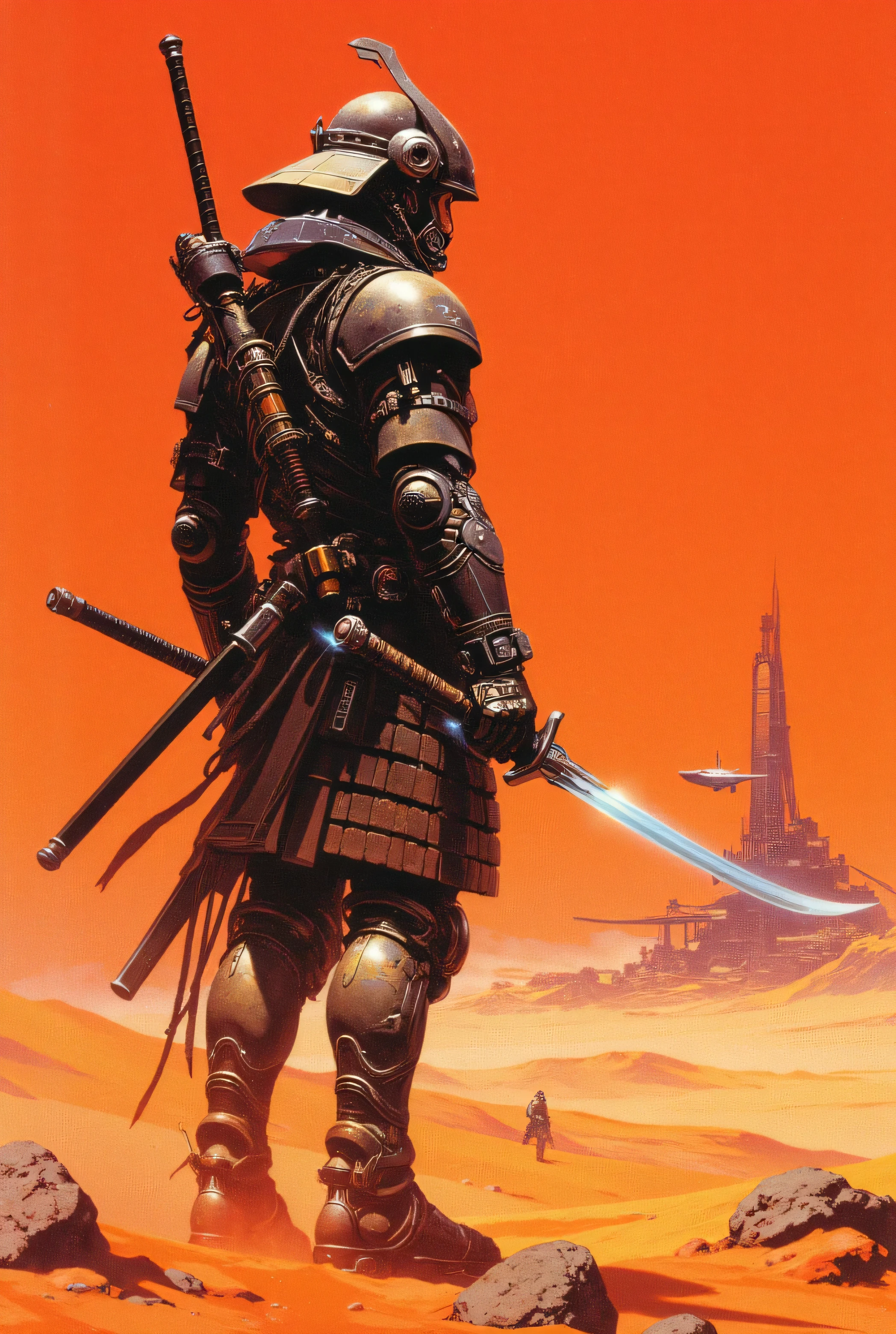 A colorful, ultra-detailed, high-resolution illustration of an imposing cyberpunk samurai, merging biomechanical elements and organic matter into his armor. Its design combines traditional Japanese influences with advanced technology, drawing inspiration from the art of Utagawa Kuniyoshi and the futuristic style of Masamune Shirow. The samurai wields a high-tech katana that glows with a mysterious energy.

The scene takes place in a barren, rocky desert landscape with reddish tones and a dusty atmosphere, evoking the surface of Mars. In the sky, puffy, yellowish clouds filter the sunlight, casting a warm, cinematic glow.

In the distance, a half-ruined futuristic space station lies in the middle of the desert, its corroded metal structures showing signs of neglect. Sleek, aerodynamically designed flying craft slowly approach the samurai, examining him with scanning lights that generate futuristic flashes.

The composition emphasizes the balance between the ancient and the futuristic, blending cyberpunk and steampunk elements with detailed texture work, metallic reflections, and dust in the air. The illustration should convey an epic and cinematic feel, with dramatic lighting that highlights the contrasts between the samurai's biomechanical armor and the desert environment.