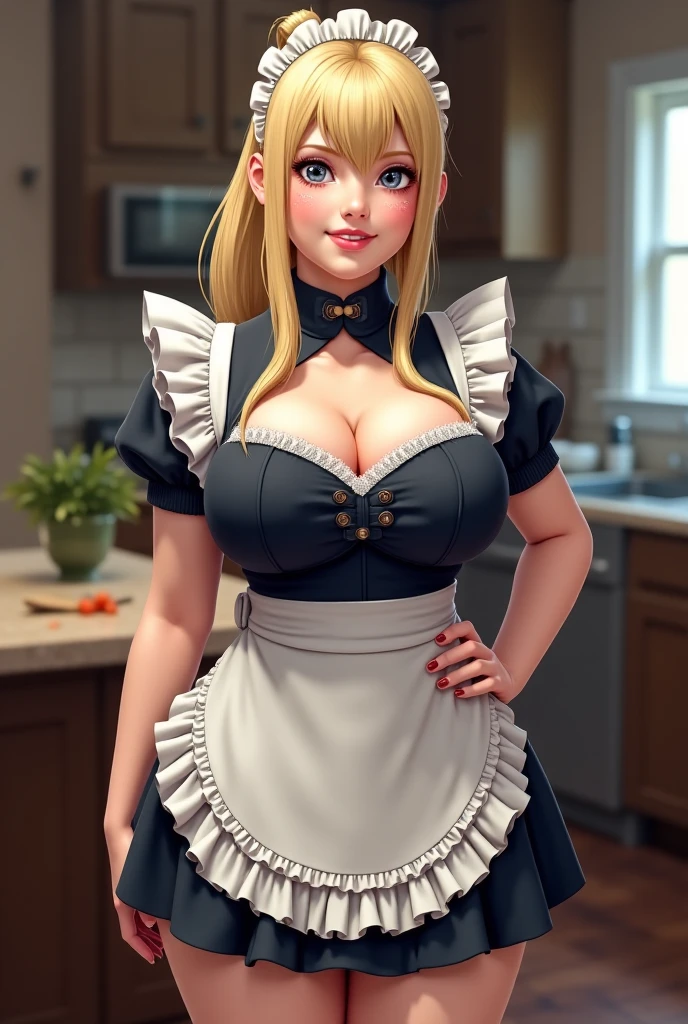 One very beautiful blonde, bangs,((confused face:1.5, open mouth:0.9)), college girl, very gorgeous body, sexy pose, (((medium breasts, showing her white pantie))), big and blue eyes, lipstick, eyelash,(in the kitchen, sexy maid outfit, cleavage, black and white clothes, micro skirt, duster, sexy black high sock)