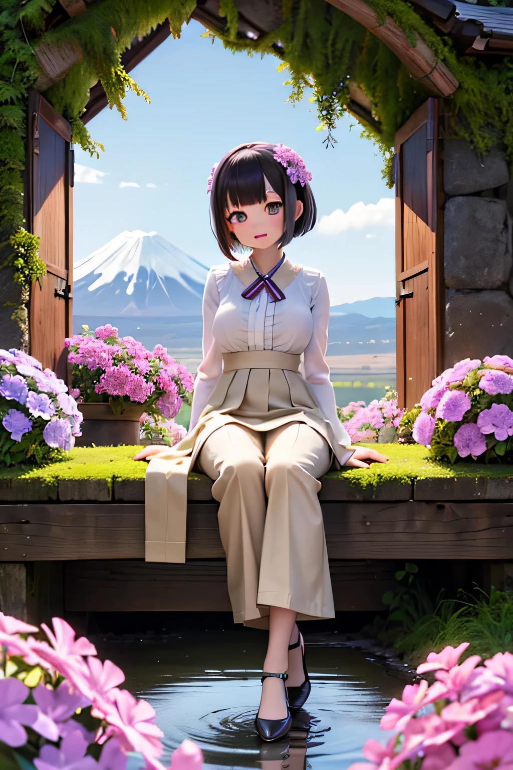 top quality、high resolution、(high image quality:1.3)、masterpiece、detailed background、(highly detailed face:1.2)、(detailed eyes:1.2)、 beautiful woman in her 20s 、huge breasts、Normal number of fingers、anatomically correct、perfect body line、Bright-colored hair、ponytail、Braided bob cut、under the clear blue spring sky、carpet of moss phlox that spreads all over、big smiles、Do cute things、
(Two women reflecting Mt. Fuji and moss phlox in the background:1.5)、
small pink, white, and purple flowers々Swaying in the wind、carrying a gentle scent、majestic Mt. Fuji with snow still standing in the distance、
The contrast between white and blue further enhances the vividness of moss phlox、Spring breeze blowing through the flower々Let your hair flutter softly with、
x} pale Pink blouse or white blouse made of chiffon material、Beige or light gray flared skirt or wide pants、
The majestic Mt. Fuji with snow still standing in the distance、simple beige pumps、that gently flutters the hair with an overall light, spring-like color、very beautiful