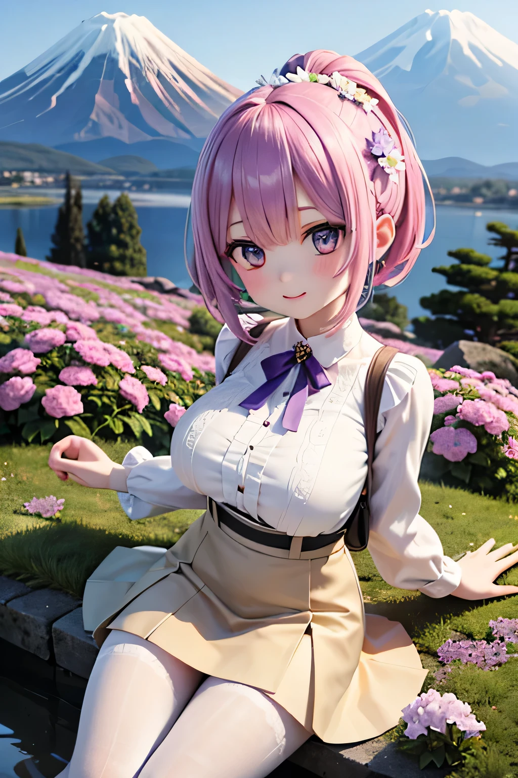 top quality、high resolution、(high image quality:1.3)、masterpiece、detailed background、(highly detailed face:1.2)、(detailed eyes:1.2)、 beautiful woman in her 20s 、huge breasts、Normal number of fingers、anatomically correct、perfect body line、Bright-colored hair、ponytail、Braided bob cut、under the clear blue spring sky、carpet of moss phlox that spreads all over、big smiles、Do cute things、
(Two women reflecting Mt. Fuji and moss phlox in the background:1.5)、
small pink, white, and purple flowers々Swaying in the wind、carrying a gentle scent、majestic Mt. Fuji with snow still standing in the distance、
The contrast between white and blue further enhances the vividness of moss phlox、Spring breeze blowing through the flower々Let your hair flutter softly with、
x} pale Pink blouse or white blouse made of chiffon material、Beige or light gray flared skirt or wide pants、
The majestic Mt. Fuji with snow still standing in the distance、simple beige pumps、that gently flutters the hair with an overall light, spring-like color、very beautiful