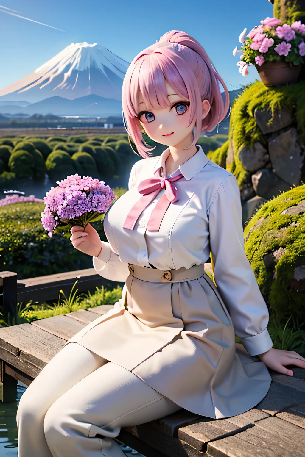 top quality、high resolution、(high image quality:1.3)、masterpiece、detailed background、(highly detailed face:1.2)、(detailed eyes:1.2)、 beautiful woman in her 20s 、huge breasts、Normal number of fingers、anatomically correct、perfect body line、Bright-colored hair、ponytail、Braided bob cut、under the clear blue spring sky、carpet of moss phlox that spreads all over、big smiles、Do cute things、
(Two women reflecting Mt. Fuji and moss phlox in the background:1.5)、
small pink, white, and purple flowers々Swaying in the wind、carrying a gentle scent、majestic Mt. Fuji with snow still standing in the distance、
The contrast between white and blue further enhances the vividness of moss phlox、Spring breeze blowing through the flower々Let your hair flutter softly with、
x} pale Pink blouse or white blouse made of chiffon material、Beige or light gray flared skirt or wide pants、
The majestic Mt. Fuji with snow still standing in the distance、simple beige pumps、that gently flutters the hair with an overall light, spring-like color、very beautiful