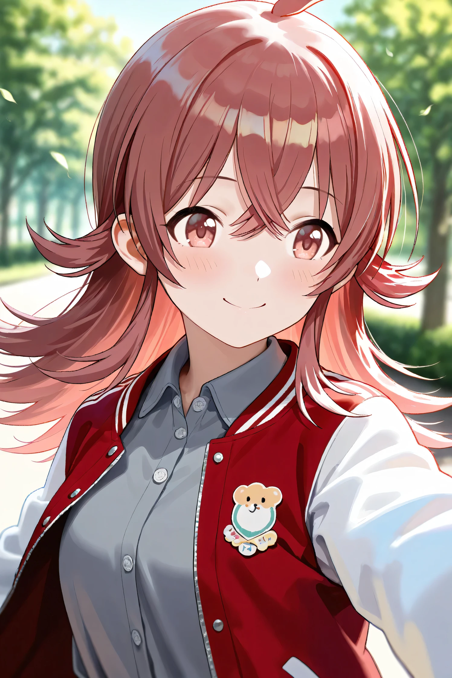 (Masterpiece), (Highest quality), (Very detailed),
(The best shape), (Best Shadow), (Absurd),
(Detailed background), (So beautiful), Shiny ,
Beautiful eyes in every detail, Extraordinary, Countershading, 8k, 32K, High resolution,
Very Detailed CG,
Score_9, Score_8_up, Score_7_up, Source_anime,
(Pastel painting:1.2), (Watercolor painting:1.2),
(Masterpiece, Detailed:1.2), (Foreshortening:1.2),
Cinematic, Dramatic, (Depth of field:1.4),
(Blurry background:1.4), (Realistic background:1.4),
(Foreshortening:1.3),Dynamic angle,
1 girl,
Outdoor, Nature, Park, Wind,
Komiya Kaho, komiya kaho,
the idolmaster shiny colors,
long hair, red hair, red eyes, hair between eyes, ahoge, (medium breasts:0.7),
(Casual wear:1.3),
(Collared shirt:1.1), (Gray shirt:1.3), (Plain shirt:1.3),
Souvenir Jacket, Open jacket, Red jacket, Long sleeves, White sleeves, Plain jacket,
(Portrait:1.2), Upper body,Focus on face,
(Close up shot:1.2),
(Blush:1.3), Smile, Happy, look back,
Realistic skin, Shiny skin,