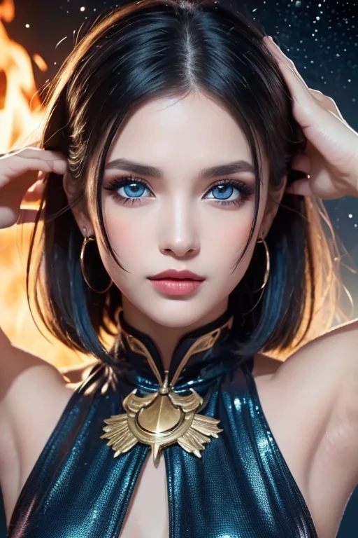 (((masterpiece))), (((highest quality: 1.4))), ((Super detailed: 1.4)) , Highly detailed gouache painting of a female tiefling, gorgeous exotic features, amber neon eyes:1.5,  orange hair, highly detailed facial features, expressive face, detailed texture, blue skin tone, tattoo, natural skin shader, Volumetric, There&#39;s a warm tone beneath her skin, ultra high resolution、super huge breasts、Super big breasts、very big 、saggy breasts