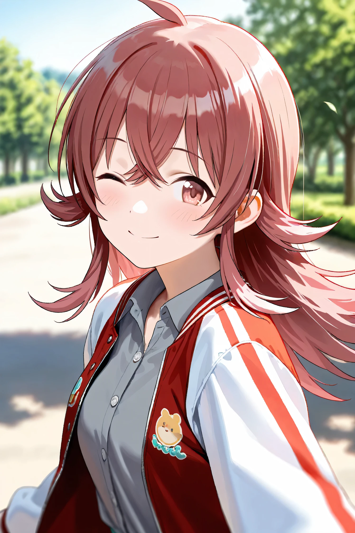 (Masterpiece), (Highest quality), (Very detailed),
(The best shape), (Best Shadow), (Absurd),
(Detailed background), (So beautiful), Shiny ,
Beautiful eyes in every detail, Extraordinary, Countershading, 8k, 32K, High resolution,
Very Detailed CG,
Score_9, Score_8_up, Score_7_up, Source_anime,
(Pastel painting:1.2), (Watercolor painting:1.2),
(Masterpiece, Detailed:1.2), (Foreshortening:1.2),
Cinematic, Dramatic, (Depth of field:1.4),
(Blurry background:1.4), (Realistic background:1.4),
(Foreshortening:1.3),Dynamic angle,
1 girl,
Outdoor, Nature, Park, Wind,
Komiya Kaho, komiya kaho,
the idolmaster shiny colors,
long hair, red hair, red eyes, hair between eyes, ahoge, (medium breasts:0.7),
(Casual wear:1.3),
(Collared shirt:1.1), (Gray shirt:1.3), (Plain shirt:1.3),
Souvenir Jacket, Open jacket, Red jacket, Long sleeves, White sleeves, Plain jacket,
(Portrait:1.2), Upper body,Focus on face,
(Close up shot:1.2),
(Blush:1.3), Smile, Happy, look back,
One eye closed,
Realistic skin, Shiny skin,