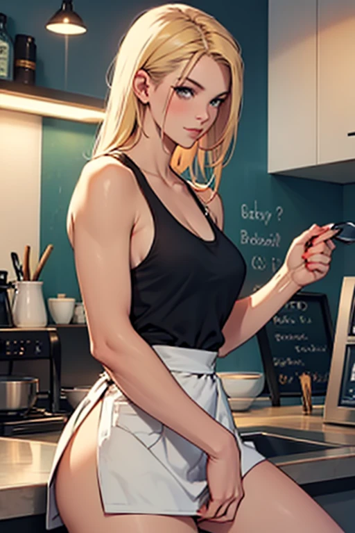 masterpiece, best quality, blonde messy hair, green eyes, headband, maid, kitchen, upper body, strong abs, hands on hips, leather collar choker