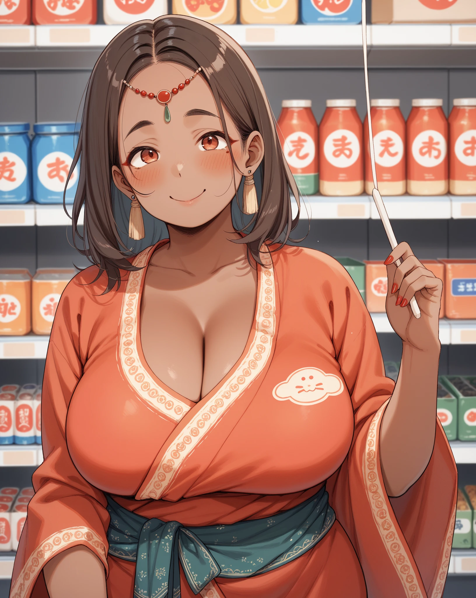 masterpiece, best quality, ultra-detailed, extremely detailed, 4K, 8K, best quality, beautiful0,high-sence digital anime art, super market, new year, pretty woman, drag queen costume, beautiful black hair,gigantic braid ponytail,ahoge,hugebust upperbody, light smile,Full body statue,sparkling effect