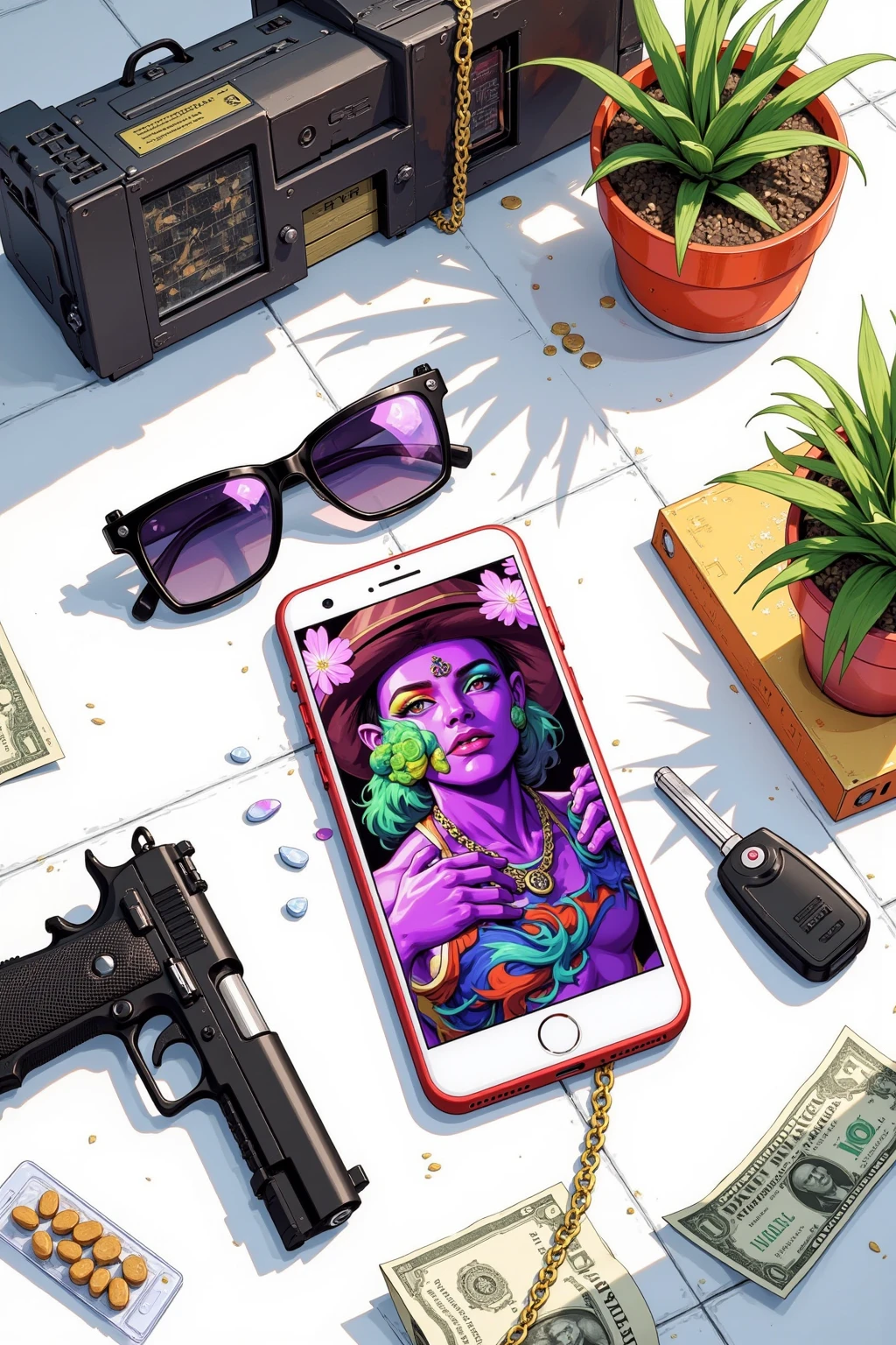 Smartphone on a White Table、sunglasses、Pistol、car key、Dollar Bill、Gold Chain with Top、Ecstasy Pills in a Package、Lean(Purple Drunk)is placed randomly,Bright daylight,Composition looking down at the table from directly above,Chill Hop, album art,Art Depicting the Dirty South ,Dirty South Psychedelic Hip Hop , promotional art,Intense Color,A small houseplant