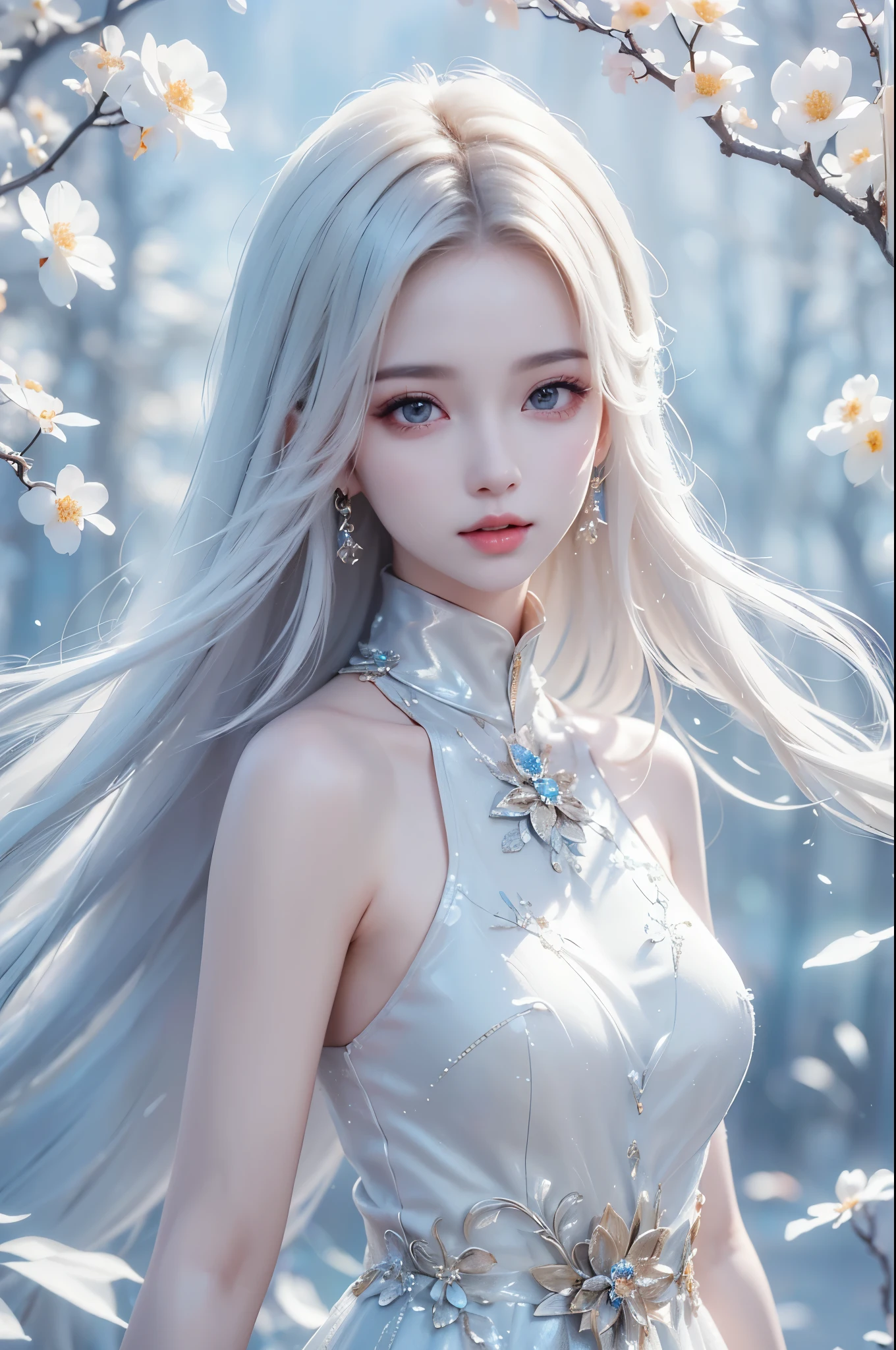 ((From the waist up))((masterpiece:1.5、8k、Portraiture、Photorealistic and very detailed CG、Very detailed、Particle Effects、Dynamic Effects、Written boundary depth、Cinematic Light、Lens flare、Ray Tracing、Tabletop、Realistic:1.4、超A high resolution:1.2、Realistic、Realistic))((alone、,Woman in turtleneck dress:1.4、Model-like pose:、Side bust、Ample breasts、Detailed face、brightexpression、young, bright, Whiter skin、Best Looks、Ultimate beauty、White hair with shiny highlights:1.8、bright and shiny hair,、Super long, Silky straight hair、Hair swaying in the wind))(Wonderful transparent flower々Surrounded by、White Background、Great background、Thin petals fluttering down)

