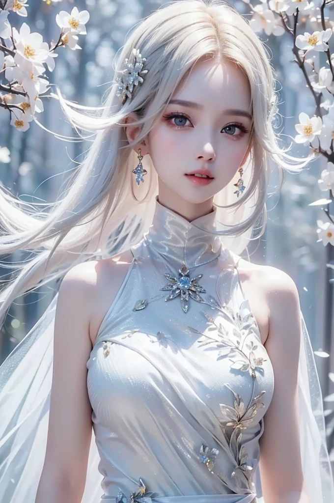 ((From the waist up))((masterpiece:1.5、8k、Portraiture、Photorealistic and very detailed CG、Very detailed、Particle Effects、Dynamic Effects、Written boundary depth、Cinematic Light、Lens flare、Ray Tracing、Tabletop、Realistic:1.4、Ultra-high resolution:1.2、Realistic、Realistic))((alone、woman wearing a halter neck dress:1.4、Model-like pose、medium breasts、Detailed face、brightexpression、young, bright, Whiter skin、Best Looks、Ultimate beauty、Shiny silver hair with highlights:1.8、bright and shiny hair,、Super long, Silky straight hair、Hair swaying in the wind))(Wonderful transparent flowers々Surrounded by、White Background、Great background、Delicate petals fluttering down)