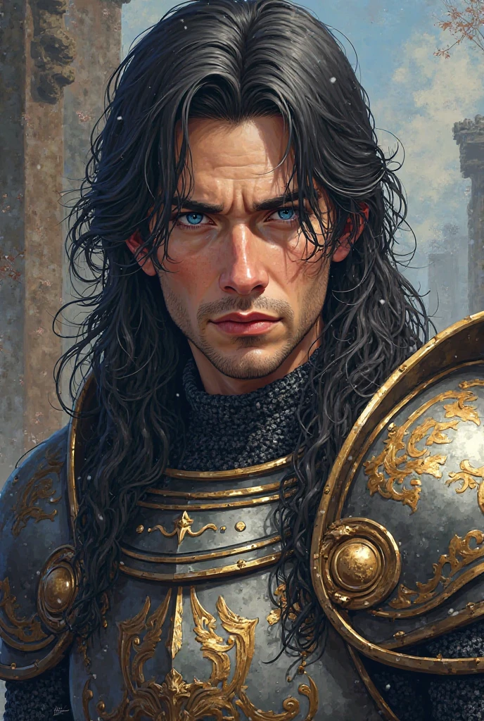 1 man, he is a soldier and is inside a dark medieval castle, wearing soldier's clothes in dark colors with noble and medieval details, detailed facial features, masculine eyes, detailed brown skin, long messy dark hair, expression strong and serious, dramatic lighting, cinematic composition, cold and dark, atmospheric fog, handsome face, square chin, handsome man, masculine, very strong and muscular body structure, big man (best quality, 4K, 8K, high resolution, art: 1.2), ultra-detailed, (realistic, photorealistic, photorealistic: 1.37)