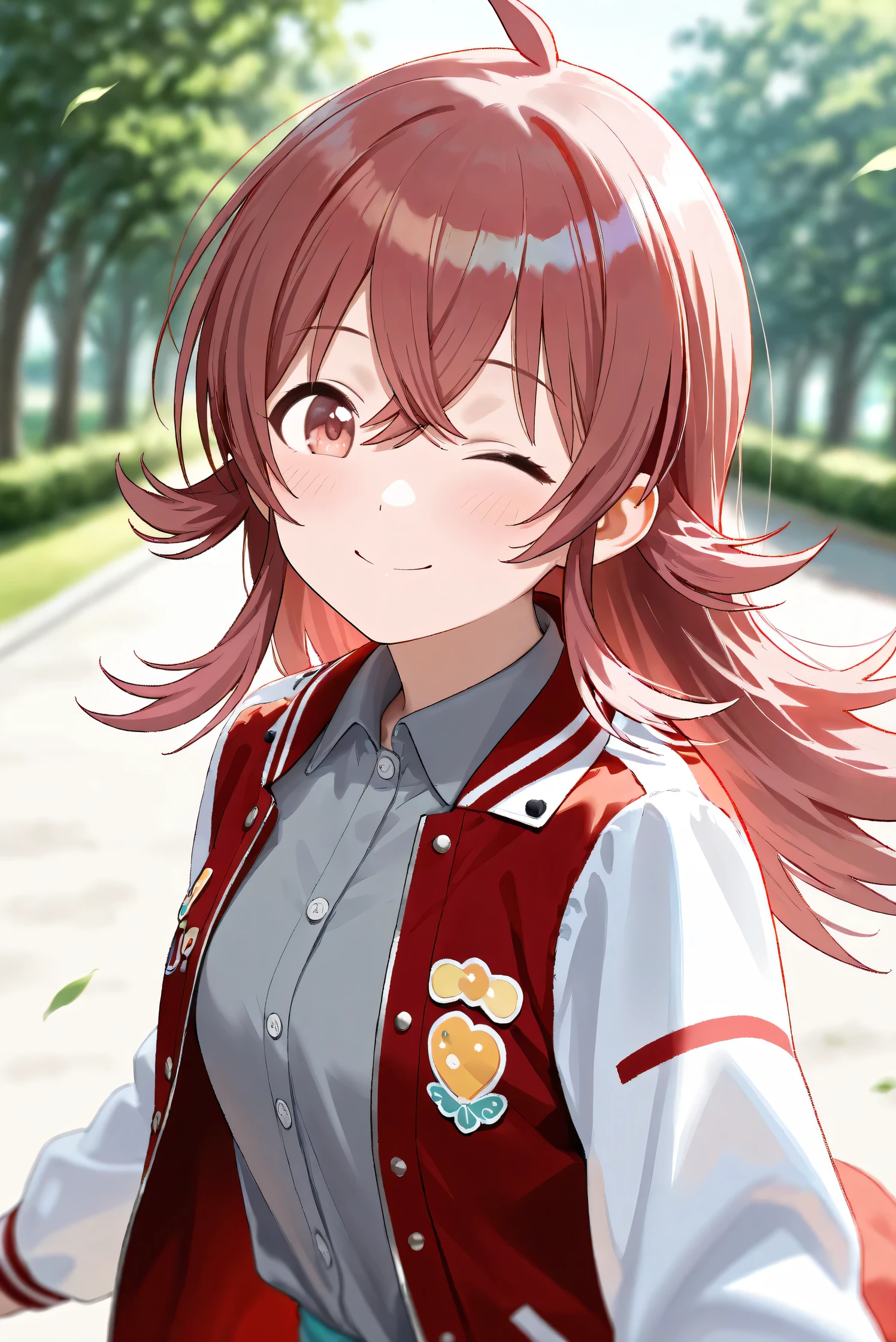 (Masterpiece), (Highest quality), (Very detailed),
(The best shape), (Best Shadow), (Absurd),
(Detailed background), (So beautiful), Shiny ,
Beautiful eyes in every detail, Extraordinary, Countershading, 8k, 32K, High resolution,
Very Detailed CG,
Score_9, Score_8_up, Score_7_up, Source_anime,
(Pastel painting:1.2), (Watercolor painting:1.2),
(Masterpiece, Detailed:1.2), (Foreshortening:1.2),
Cinematic, Dramatic, (Depth of field:1.4),
(Blurry background:1.4), (Realistic background:1.4),
(Foreshortening:1.3),Dynamic angle,
1 girl,
Outdoor, Nature, Park, Wind,
Komiya Kaho, komiya kaho,
the idolmaster shiny colors,
long hair, red hair, red eyes, hair between eyes, ahoge, (medium breasts:0.7),
(Casual wear:1.3),
(Collared shirt:1.1), (Gray shirt:1.3), (Plain shirt:1.3),
Souvenir Jacket, Open jacket, Red jacket, Long sleeves, White sleeves, Plain jacket,
(Portrait:1.2), Upper body,Focus on face,
(Close up shot:1.2),
(Blush:1.3), Smile, Happy, look back,
One eye closed,
Realistic skin, Shiny skin,