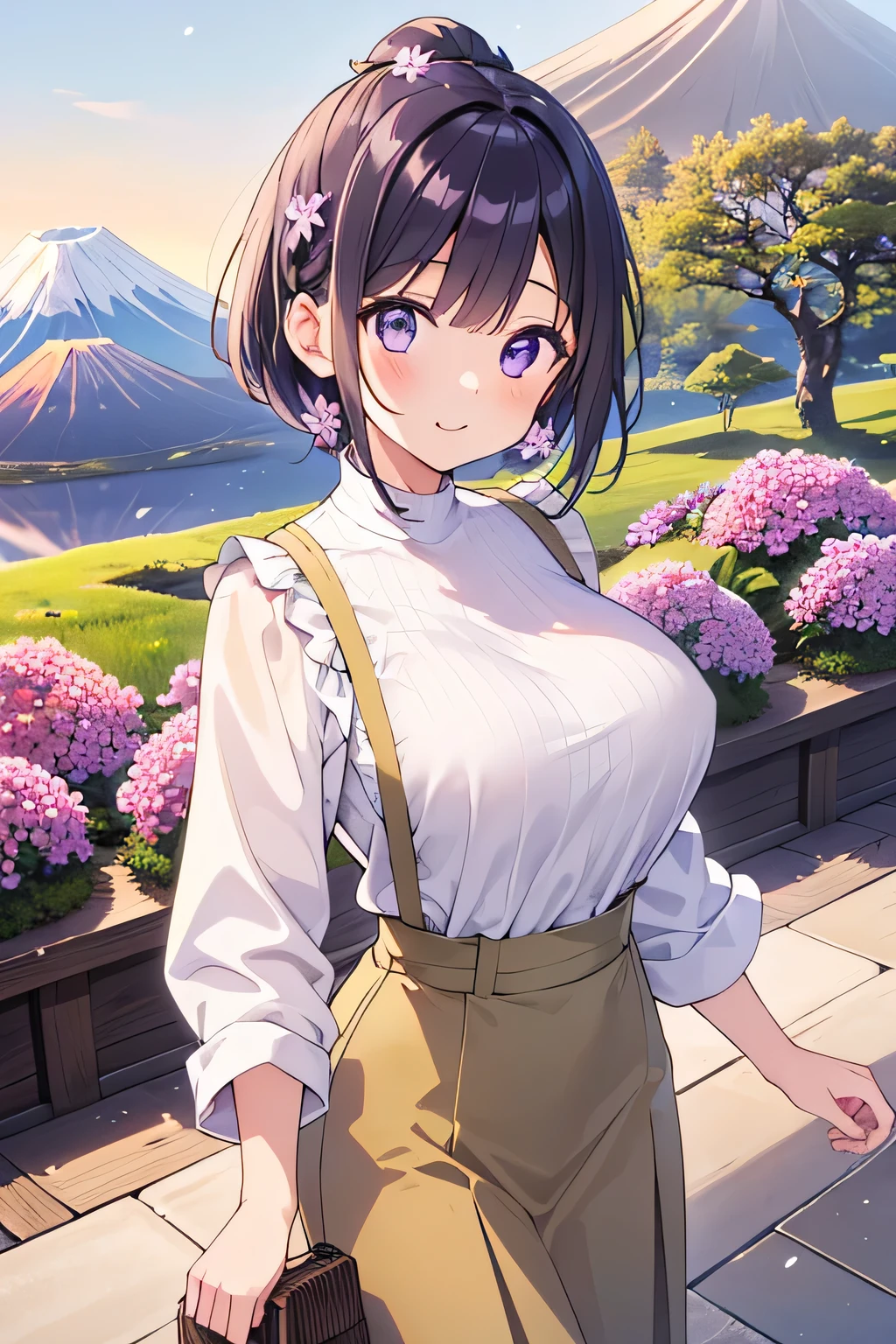 top quality、high resolution、(high image quality:1.3)、masterpiece、detailed background、(highly detailed face:1.2)、(detailed eyes:1.2)、 beautiful woman in her 20s 、huge breasts、Normal number of fingers、anatomically correct、perfect body line、Bright-colored hair、ponytail、Braided bob cut、under the clear blue spring sky、carpet of moss phlox that spreads all over、big smiles、Do cute things、
(Two women reflecting Mt. Fuji and moss phlox in the background:1.5)、
small pink, white, and purple flowers々Swaying in the wind、carrying a gentle scent、majestic Mt. Fuji with snow still standing in the distance、
The contrast between white and blue further enhances the vividness of moss phlox、Spring breeze blowing through the flower々Let your hair flutter softly with、
x} pale Pink blouse or white blouse made of chiffon material、Beige or light gray flared skirt or wide pants、
The majestic Mt. Fuji with snow still standing in the distance、simple beige pumps、that gently flutters the hair with an overall light, spring-like color、very beautiful