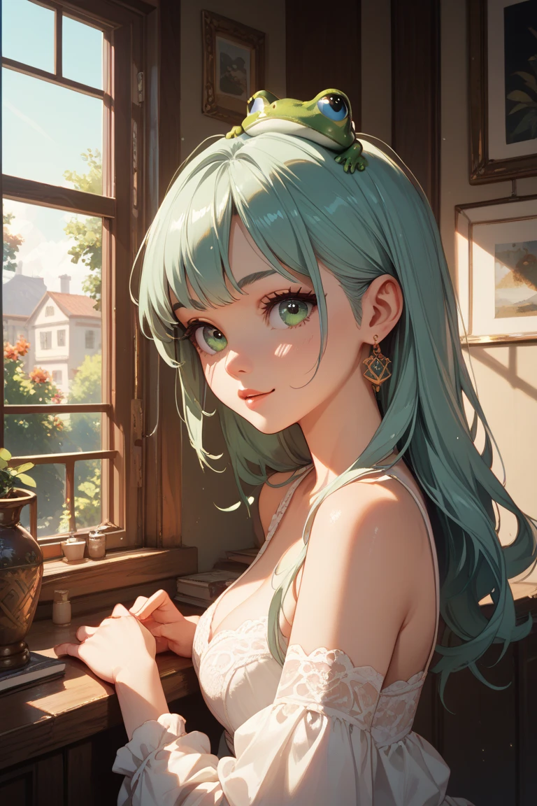 Masterpiece, best quality, 8K Wallpaper, HDR, octane rendering. An 18 year old girl, alone, beautiful body, wearing sexy white dress, holding a brown teddy bear, (cowboy shot), in biological laboratory, beautiful detailed scenery, the girl has (Long messy hair, bright green hair: 1.2 ), shy face, blush, (Beautiful and detailed face with perfect symmetry), (Beautiful and detailed green eyes), (soft lips, smile, teeth: 1.2), (body with perfect anatomy, perfect natural texture, high details, skin bright) cinematic lighting, vivid colors, detailed illustration, depth of field.