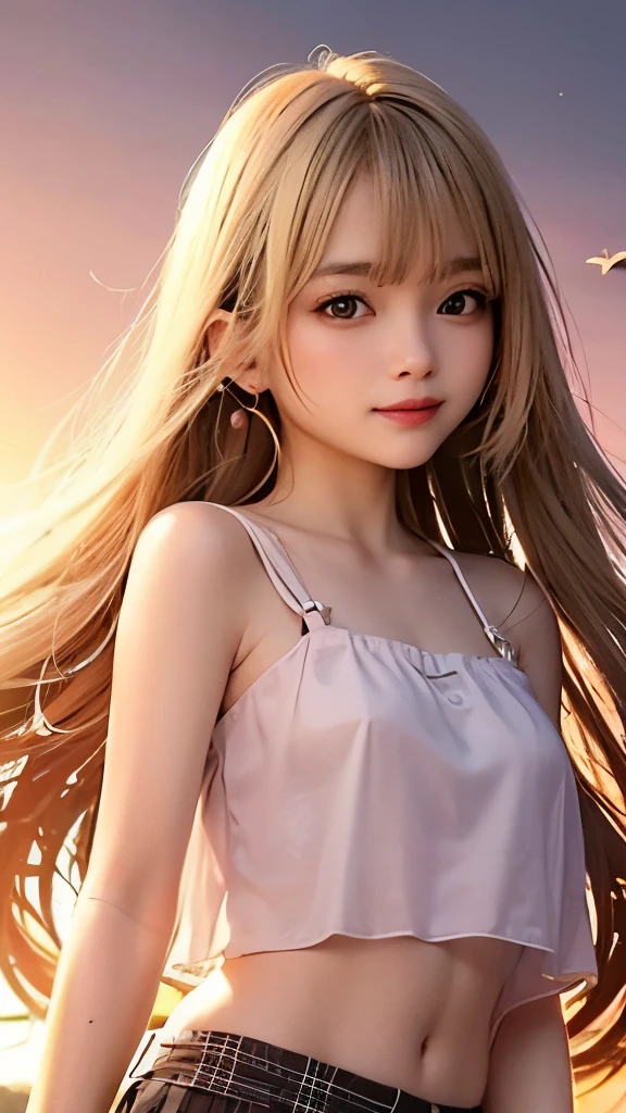 happy face、pink、(top quality, masterpiece), 1 girl, pose, particle, wind, upper body, simple background, watch viewers, BLONDE, sunset,smile、long hair、(see-through、White、satin、Lace Lori Blouse、thigh plaid、miniskirt)、have small breasts、Small Earrings