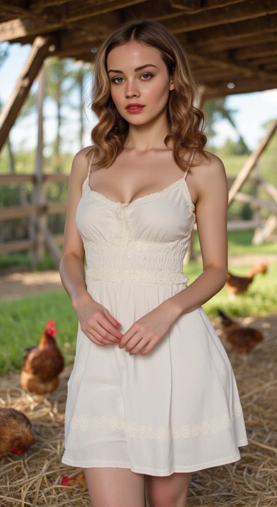 1 girl with red hair in a pigtail, hair decorated with many flowers, white skin, big breasts, big butt, green Lace Lingerie outfit, background next to a giant chicken, standing and posing