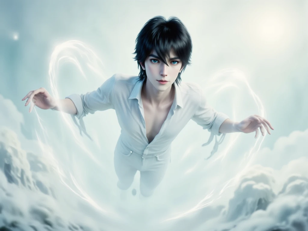 American classic comic book art: Mind Telepathy, delicate ethereal young man, silky black short hair with bangs, tight black and white outfit with white fur collars, pointed ears, black tight leggings, long white gloves, emanating white energy, very young face boy Asian, ethereal male delicate body, Northstar Marvel, big city,butt, thighs, levitating crystals, magic light pink energy, white eyes, focus on face, classic comic book