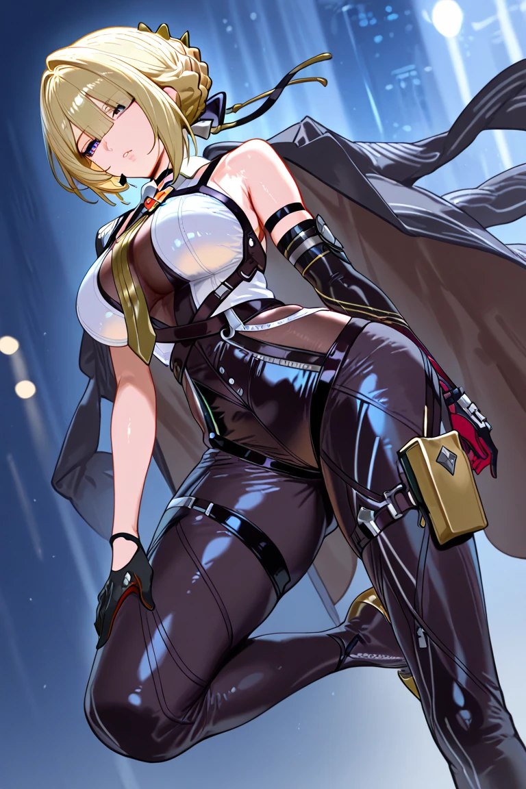 Mlynar(Arknights),yellow hair,animal ears,curvy body,wearing original suit(half torn off), wielding big rapier(one hand only), big breast,big thighs,radiant background,midnight setting,nsfw, uncensored.