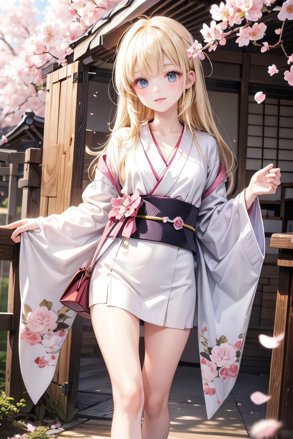 masterpiece,top quality,very detailed,photorealistic,realistic, ultra high resolution, Masterpiece,Pretty Girl,elegant,(smaller breasts),,very long blonde,skinny,Completely,Slender,(smaller breasts),pieces are so cute, kimono, Japanese kimono, Traditional Japanese Costumes,Japanese beautiful pattern kimono,cherry blossoms in full bloom,Cherry blossom trees, correct handshake,Active Poses,Outdoors