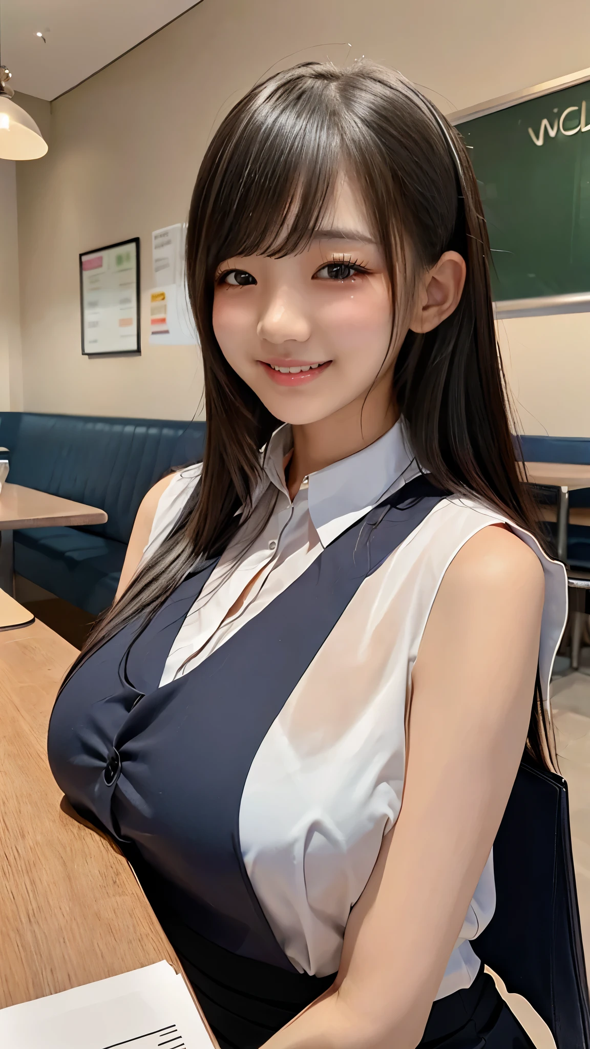 (Dable Top), (((Milk on the table, breasts on table))), (, HIGH SCHOOL GIRLS)、(sleeveless see-through blouse)、knee length long pencil skirt, black hair, (Beautiful girl sitting in a stylish coffee shop)、((slender body line)), (detailed hands:1.3, perfect right hand:1.3, fine fingertips down to the smallest detail:1.1), top quality, 8k, RAW photos , (Reality), Ultra Fine, (detailed eyes and face:1.2, professional photography techniques), (looks at the viewer:1.2, Mischievous Smile), (perfect anatomy:1.2),
