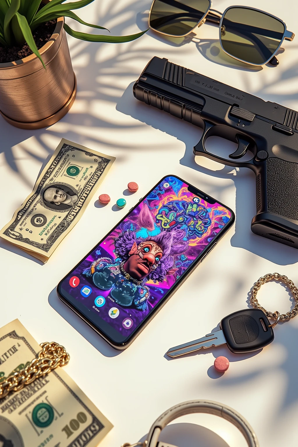 Smartphone on a White Table、sunglasses、Pistol、car key、Dollar Bill、Gold Chain with Top、Ecstasy Pills in a Package、Lean(Purple Drunk)is placed randomly,Bright daylight,Composition looking down at the table from directly above,Chill Hop, album art,Art Depicting the Dirty South ,Dirty South Psychedelic Hip Hop , promotional art,Intense Color,A small houseplant