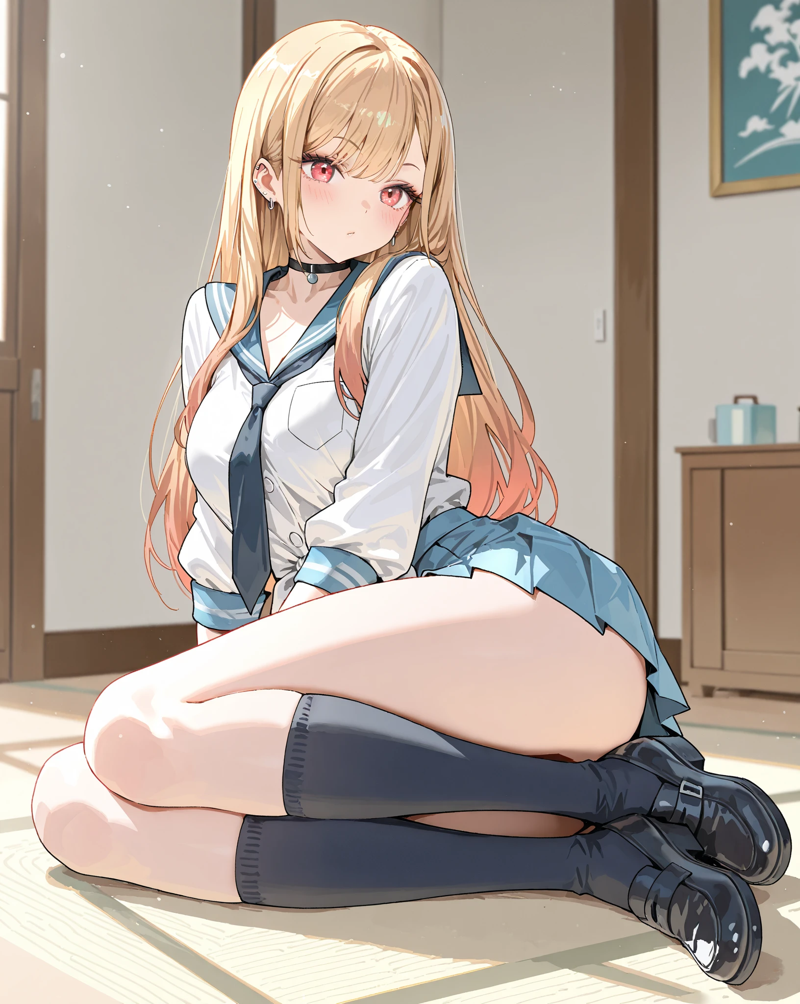 muste piece, best quality, 1 girl,golden hair, (black eye:1.2),((sailor suit))、(((White Thigh Socks)))、((embarrassed expression))、((koukou))、((Photo from below))、(((mini skirt)))、((medium long hair))、((japanese uniform))、((white panties))、((C cup breasts))、((Girls and Panzer))