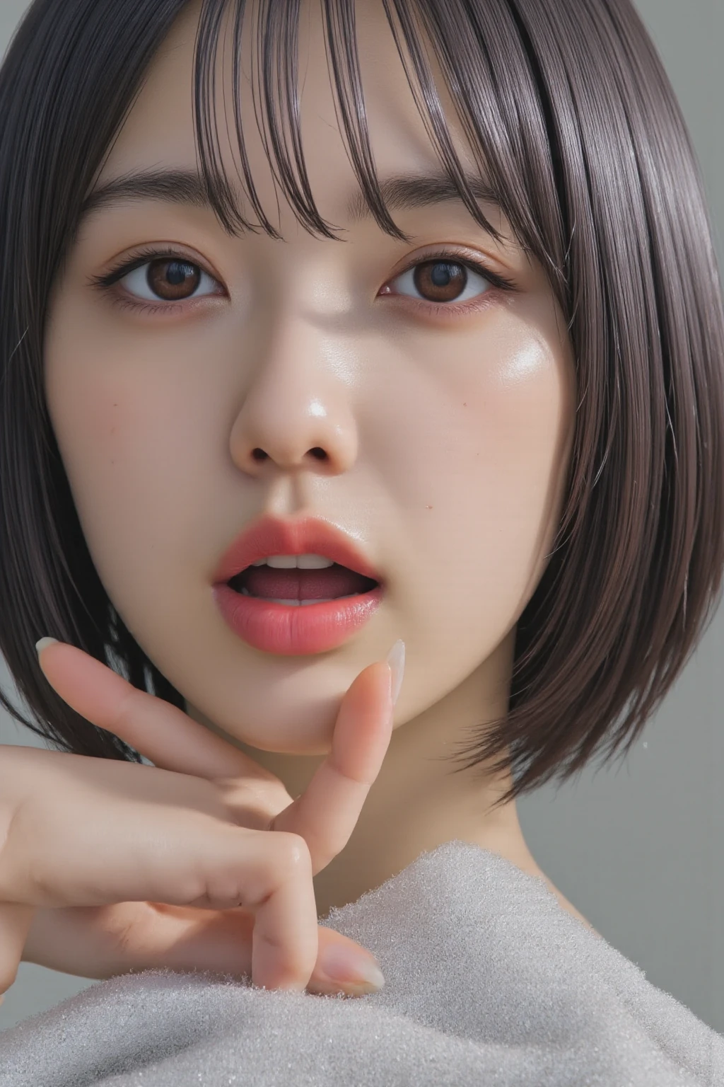 ((top-quality、8K、masterpiece:1.3))、Crisp focus:1.2、Beautiful woman with perfect body shape:1.4、close up of face:1.2、((layers-Cut))、Highly detailed facial and skin texture、A detailed eye、二重まぶた、Bery short hair,light brown hair,closing eye、27-year-old girl、From above:1.5、Big open mouth:2、tongue、licking out、frontage、Kamimei、fullnude:1.5、Wet face、Glaring、dripping saliva、Foam from the mouth