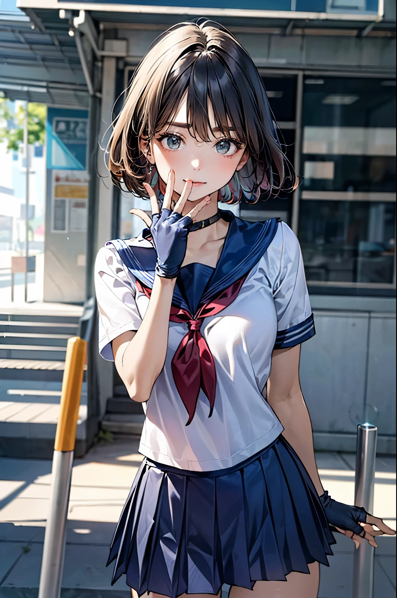 ((jojo pose, jonathan pose)), fingerless gloves, hand up, (hand over face), standing, front view:0.6, , looking at viewer, (five fingers),
(masterpiece:1.3, top-quality, ultra high res, ultra detailed), (realistic, photorealistic:1.3), beautiful illustration, perfect lighting, natural lighting, colorful, depth of fields, 2025s, ,
beautiful detailed hair, beautiful detailed face, beautiful detailed eyes, (perfect anatomy, anatomically correct, super detailed skin), shiny skin,
1 girl, high school girl, cute and symmetrical face, perfect face, perfect eyes, perfect body, perfect fingers, babyface, cute face:1.2, tiny,
(short hair, bob cut, black hair), swept bangs, green eyes, big eyes, long eye lasher, (medium breasts, seductive thighs), slender, skin dentation,
(detailed cloth texture), break ((short sleeve sailor uniform, , navy blue sailor collar:1.2, navy blue pleated micro mini skirt)), break ((dark blue sailor scarf)), break
(beautiful scenery), summer, evening, detailed background, (park:1.5),