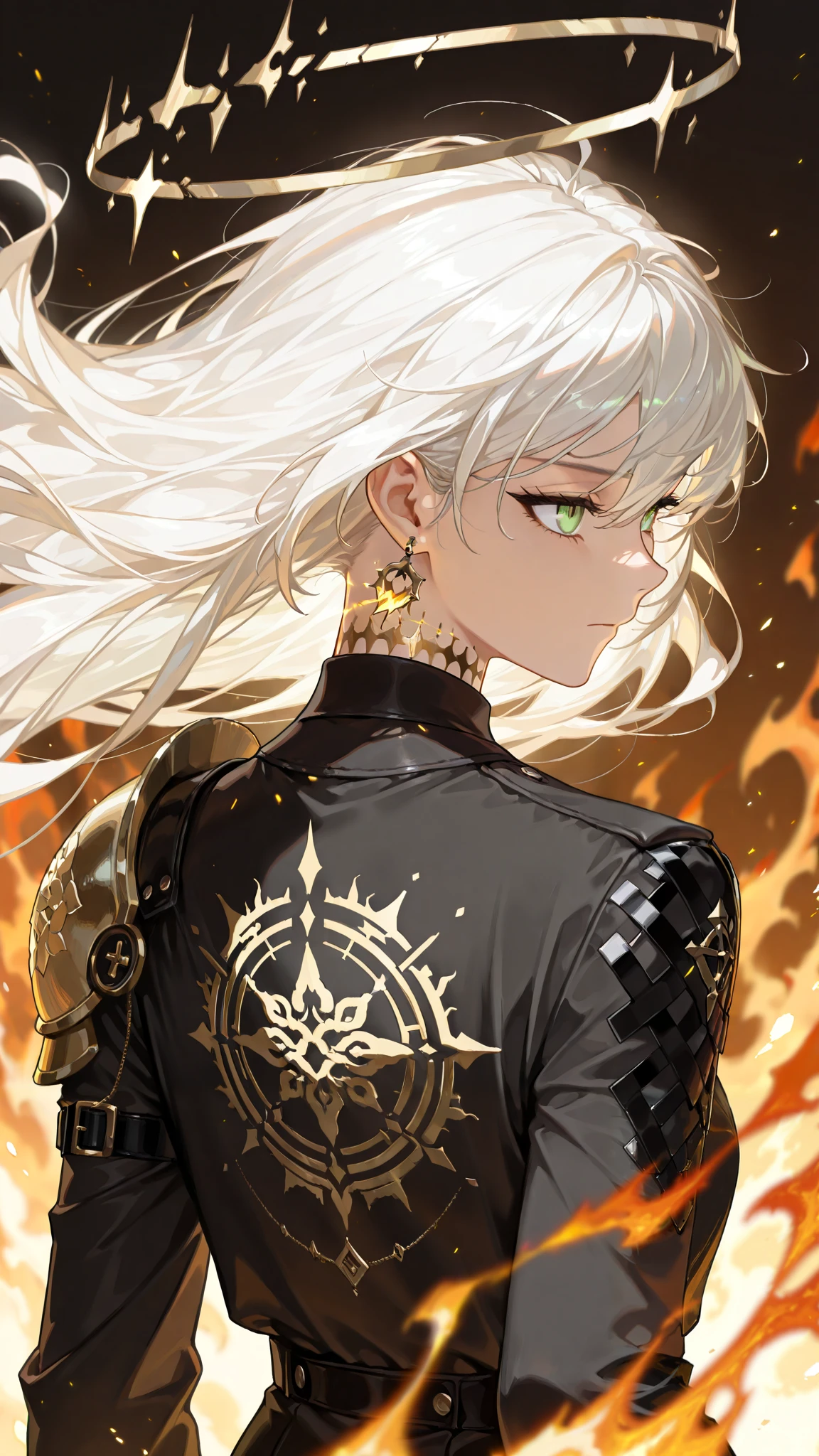 by [arknights|(748cmstyle:0.5)], god rays, cinematic shot, mature, young adult, masterpiece, best quality, amazing quality, very aesthetic, high resolution, ultra-detailed, absurdres,
1girl, woman, solo, alone,(dynamic pose, side eye, looking over her shoulder, eye contact, rear shot, upper body focus, action shot, three quarter view, close up, portrait:1.2), cracked golden halo, white hair, bright deep pure green eyes, neck tattoo, divine earring, black shirt with green marks, aura field, magic field, overwhelming presence, killing intent, stern eyes, closed mouth, tsurime, lightly armoured, ceremonial armour, fantasy attire, loose jacket, golden flames, burning mana circle, pure flames, armored pauldron, techwear, novuschroma79 style, glitch art photo, BREAK, depth of field, volumetric lighting 
 