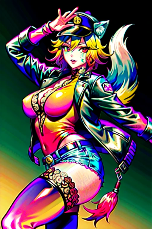 (masterpiece), best quality, expressive eyes, perfect face(masterpiece), best quality, expressive eyes, perfect face, a woman, 25 age, 80s style, short white hair, bronze skin, large breasts, black long leather coat, amber eyes, dark lens aviator glasses, shirtless, leggins, harnes, black gloves, black headband, chest tattoo, rear view