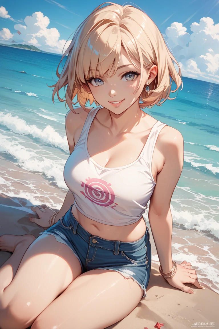 (Highest quality、masterpiece、High resolution、8K)、Vibrant colors、Young and beautiful woman 1、whole body、Brown and black short bob、barefoot、(Detailed face、Beautiful Eyes、Beautiful nose、Pretty lips)、Ample beautiful breasts、Beautiful cleavage、White shirt and shorts、Running on the beach、A refreshing smile、Official Art、The background is the sea、blue sky、White waves and wide sandy beach、Wide forest、White Entrance Cloud、