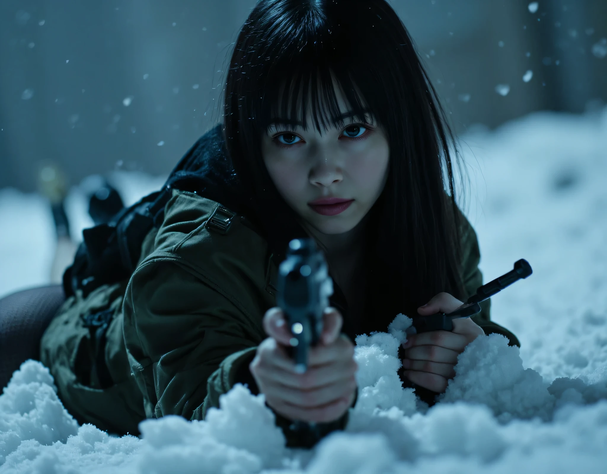 ((A snowy field in the middle of the night with a blizzard:2.0))),(((HR Gigger style cyberpunk vibe:2.0))),(((The muzzle of Walther PPK with silencer is aimed at the viewer:2.0))),((lying on her back:1.7)),((Hold the laser gun with both hands:2.0)),(Raise your upper body and hold the gun:2.0),one woman,(cute face),(Beautiful well-balanced face ),((long hair with bangs:2.0)),(black hair:1.5),(beautiful:1.3),glamorous shot of a 20-year-old Japanese woman, Slender Beautiful Body ,((Model figure :2.0)),((slim body:1.7)),perfect body line,ideal proportions,((big breasts:2.0)),((スリーサイズ90-58-86:3.0)),((G cup breasts:1.5)),Big Breasts,Bare thighs,fleshy thighs due to weight,delicate body,(Glutinous Flesh:1.7),harmonious posture,((Realistic breast depiction :1.7)),Carefully Depict Limbs Based on Perfect Anatomy,((black super high-leg leotard in the style of a near-future SWAT troop:1.5)),((super high-leg leotard made of latex that fits the body:1.5)),((black military jacket with an open front over a leotard:2.0)),((Black fishnet tights with rough mesh:2.0)),((Tactical Holster:1.5)),(gloves:1.3),Concept Art,(top quality:1.5),(masterpiece:1.5),(Ultra-high resolution),resolution,UHD,(Delicate Description), carefully drawn with butterfly wings ,32K,((realistic skin texture:1.5)),(((ultra realistic:1.5))),carefully draw eyelashes,highly detailed face,Highly detailed female hand, Sexy appearance ,very sensual,(Blurry Dim Backgrounds :1.5),professional photo shoot,(movie light:2.0),((Blade Runner style light:2.0))