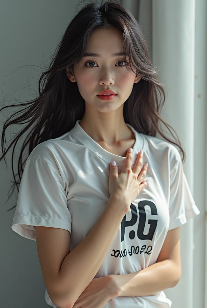 (RAW photo, highest quality), (realistic, photorealistic: 1.3), sharp focus, highest quality, masterpiece, beautiful and beautiful, (accurate anatomy body and hands), 1girl, T-shirt, shorts,