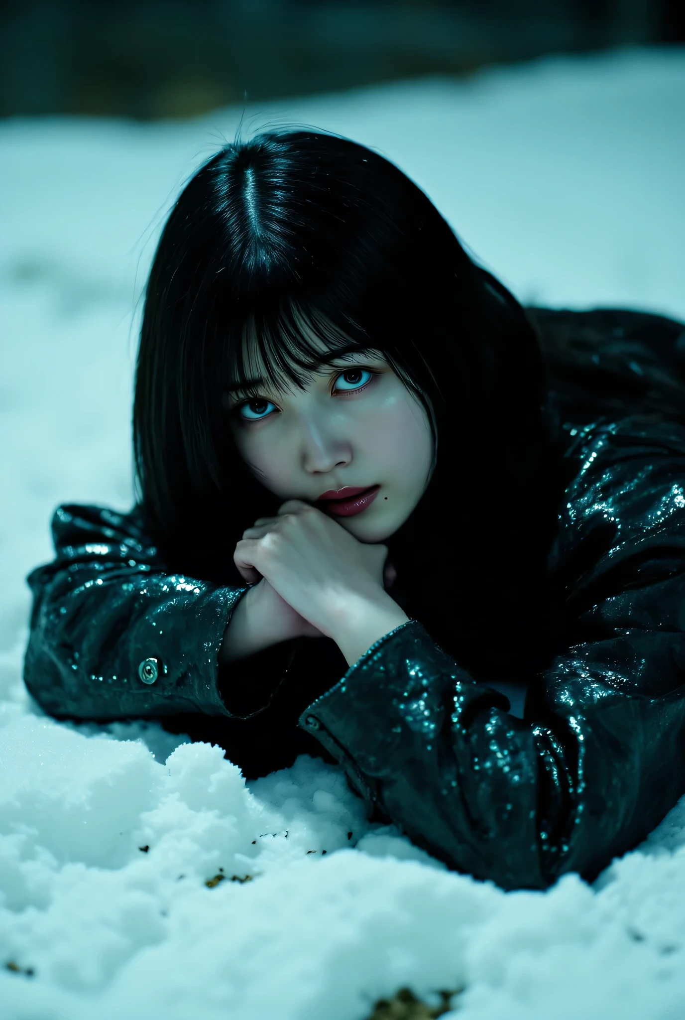((A snowy field in the middle of the night with a blizzard:2.0))),(((HR Gigger style cyberpunk vibe:2.0))),(((The muzzle of Walther PPK with silencer is aimed at the viewer:2.0))),((lying on her back:1.7)),((hold the laser gun with both hands:2.0)),(Raise your upper body and hold the gun:2.0),one woman with short cleavage,(cute face),(Beautiful well-balanced face ),((long hair with bangs:2.0)),(black hair:1.5),(beautiful:1.3),glamorous shot of a 20-year-old Japanese woman, Slender Beautiful Body ,((Model figure :2.0)),((slim body:1.7)),perfect body line,ideal proportions,((big breasts:2.0)),((スリーサイズ90-58-86:3.0)),((G cup breasts:1.5)),Big Breasts,Bare thighs,fleshy thighs due to weight,delicate body,(Glutinous Flesh:1.7),harmonious posture,((Realistic breast depiction :1.7)),Carefully Depict Limbs Based on Perfect Anatomy,((black super high-leg leotard in the style of a near-future SWAT troop:1.5)),((super high-leg leotard made of latex that fits the body:1.5)),((black military jacket with an open front over a leotard:2.0)),((Black fishnet tights with rough mesh:2.0)),((Tactical Holster:1.5)),(gloves:1.3),Concept Art,(top quality:1.5),(masterpiece:1.5),(Ultra-high resolution),resolution,UHD,(Delicate Description), carefully drawn with butterfly wings ,32K,((realistic skin texture:1.5)),(((ultra realistic:1.5))),carefully draw eyelashes,highly detailed face,Highly detailed female hand, Sexy appearance ,very sensual,(Blurry Dim Backgrounds :1.5),professional photo shoot,(movie light:2.0),((Blade Runner style light:2.0))