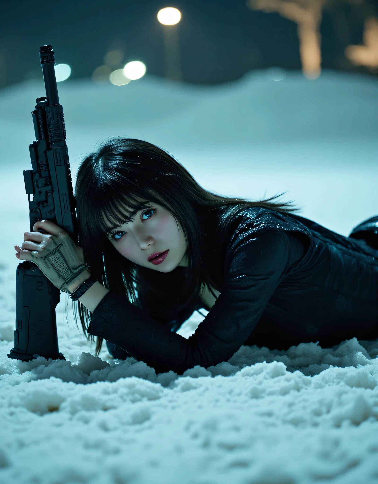 ((A snowy field in the middle of the night with a blizzard:2.0))),(((HR Gigger style cyberpunk vibe:2.0))),(((The muzzle of Walther PPK with silencer is aimed at the viewer:2.0))),((lying on her back:1.7)),((hold the laser gun with both hands:2.0)),(Raise your upper body and hold the gun:2.0),one woman,(cute face),(Beautiful well-balanced face ),((long hair with bangs:2.0)),(black hair:1.5),(beautiful:1.3),glamorous shot of a 20-year-old Japanese woman, Slender Beautiful Body ,((Model figure :2.0)),((slim body:1.7)),perfect body line,ideal proportions,((big breasts:2.0)),((スリーサイズ90-58-86:3.0)),((G cup breasts:1.5)),Big Breasts,Bare thighs,fleshy thighs due to weight,delicate body,(Glutinous Flesh:1.7),harmonious posture,((Realistic breast depiction :1.7)),Carefully Depict Limbs Based on Perfect Anatomy,((black super high-leg leotard in the style of a near-future SWAT troop:1.5)),((super high-leg leotard made of latex that fits the body:1.5)),((black military jacket with an open front over a leotard:2.0)),((Black fishnet tights with rough mesh:2.0)),((Tactical Holster:1.5)),(gloves:1.3),Concept Art,(top quality:1.5),(masterpiece:1.5),(Ultra-high resolution),resolution,UHD,(Delicate Description), carefully drawn with butterfly wings ,32K,((realistic skin texture:1.5)),(((ultra realistic:1.5))),carefully draw eyelashes,highly detailed face,Highly detailed female hand, Sexy appearance ,very sensual,(Blurry Dim Backgrounds :1.5),professional photo shoot,(movie light:2.0),((Blade Runner style light:2.0))