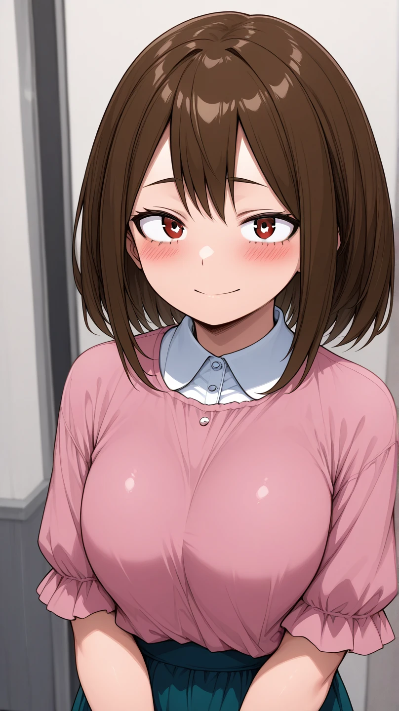 ((Upper body naked))、((Taking off your jacket、))A dark-haired、校服、8 years old girl、Not wearing panties、pink miniskirt、Sports Warehouse、Provocative and shy,、shyly smile、((teats))