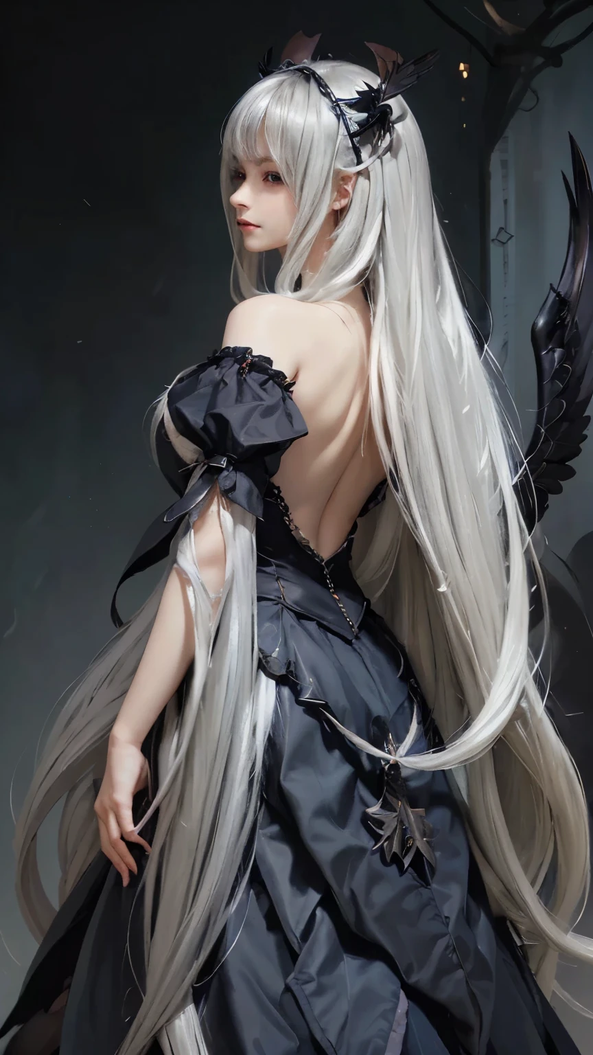 anime style, 1 girl, white hair, long hair, blue eyes, full body, angel wings, dark background, no sun, side pose, sexy, black dress, best quality, bangs, legs