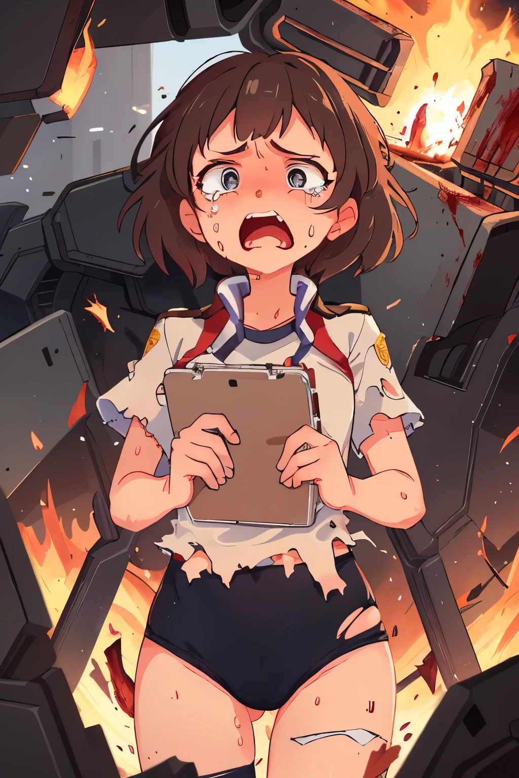 cockpit_explosion, fire, electricity, screaming, explosion, science fiction, wide-eyed, tearing clothes, standing, blood, scared, sweat, crying, mecha, torn clothes, tears, cockpit,1girl、wearing black gymnastics bloomers,high leg,white blouse,cowboy shot