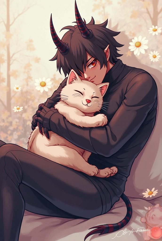cat-boy, toned, sharp big wolf ears, wolf tail, big black messy hair, wide extremely vibrant red eyes, HD, masterpiece, vibrant, slim dark black hoodie, full body view, neutral face, black thigh socks, bikini, combat boots.