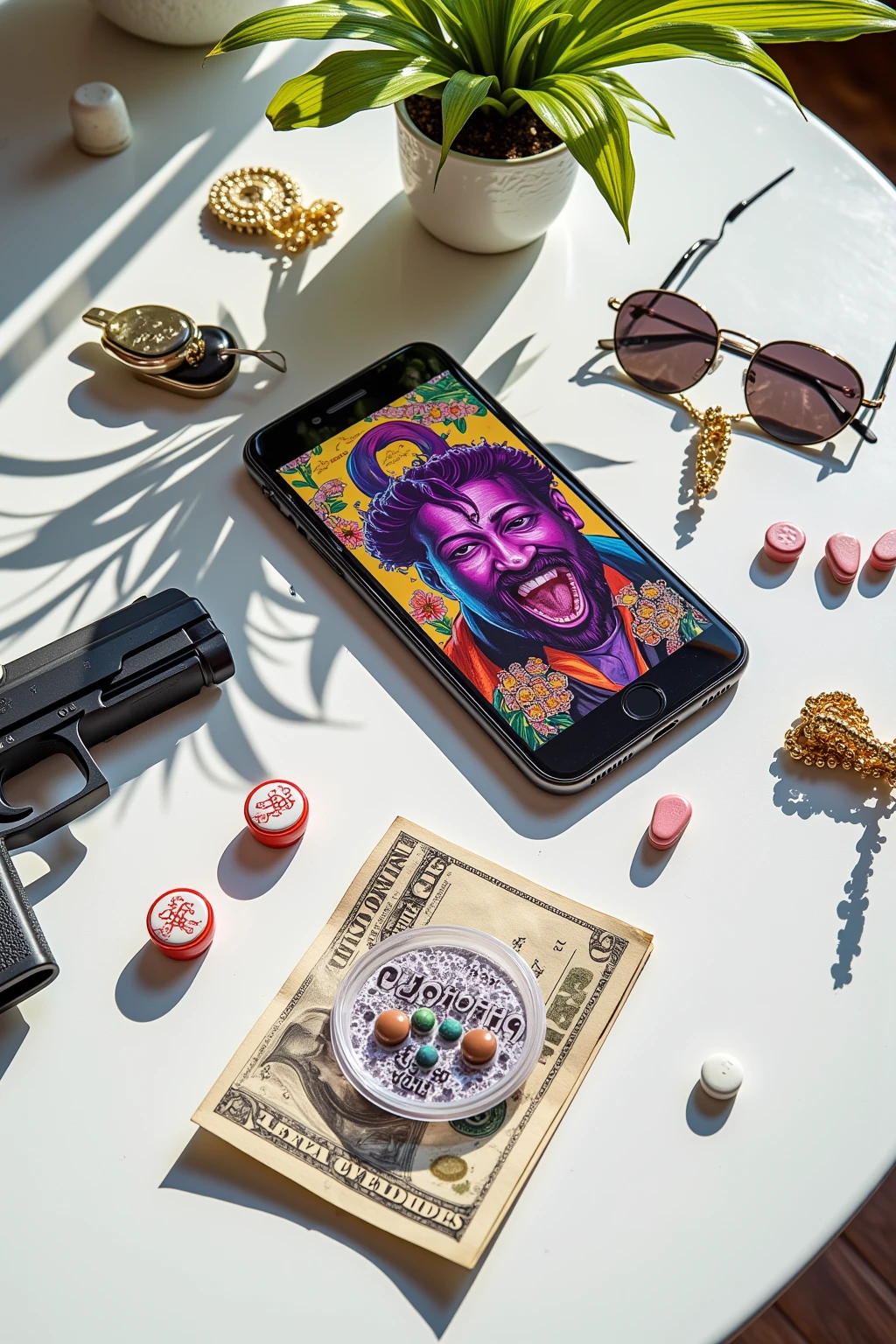 Smartphone on a White Table、sunglasses、Pistol、car key、Dollar Bill、Gold Chain with Top、Ecstasy Pills in a Package、Lean(Purple Drunk)is placed randomly,Bright daylight,Composition looking down at the table from directly above,Chill Hop, album art,Art Depicting the Dirty South ,Dirty South Psychedelic Hip Hop , promotional art,Intense Color,A small houseplant