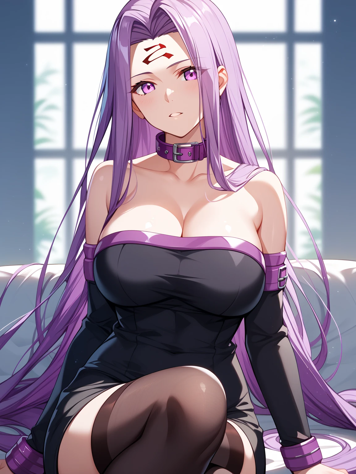 1 woman, mature, busty, beautiful, tall, attractive, MILF, ((Long hair))((pink and purple hair)), ((violet eyes))((purple nails)), ((Woman wear black dress, black choker)), ((living room, sitting on sofa)), looking at viewer, angry, crossing legs, 8k, masterpiece, ray tracing