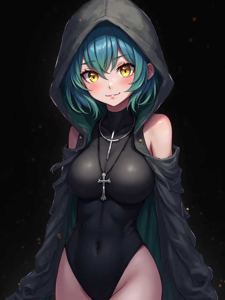 high, Very thin, skinny narrow girl., in tights all over the body and with a hood. naked , oily, highly shiny body on a very Dark night, little lighting at dusk, Dark