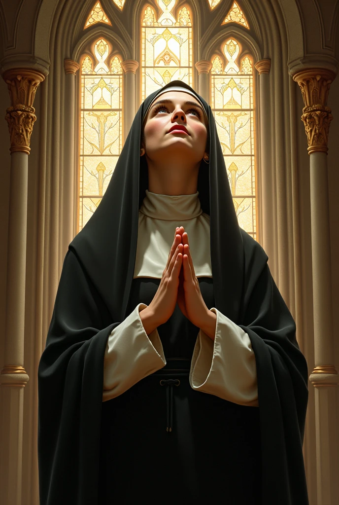 A Discalced Carmelite nun in adoration of the Blessed Sacrament in the chapel, in the form of sacred art.