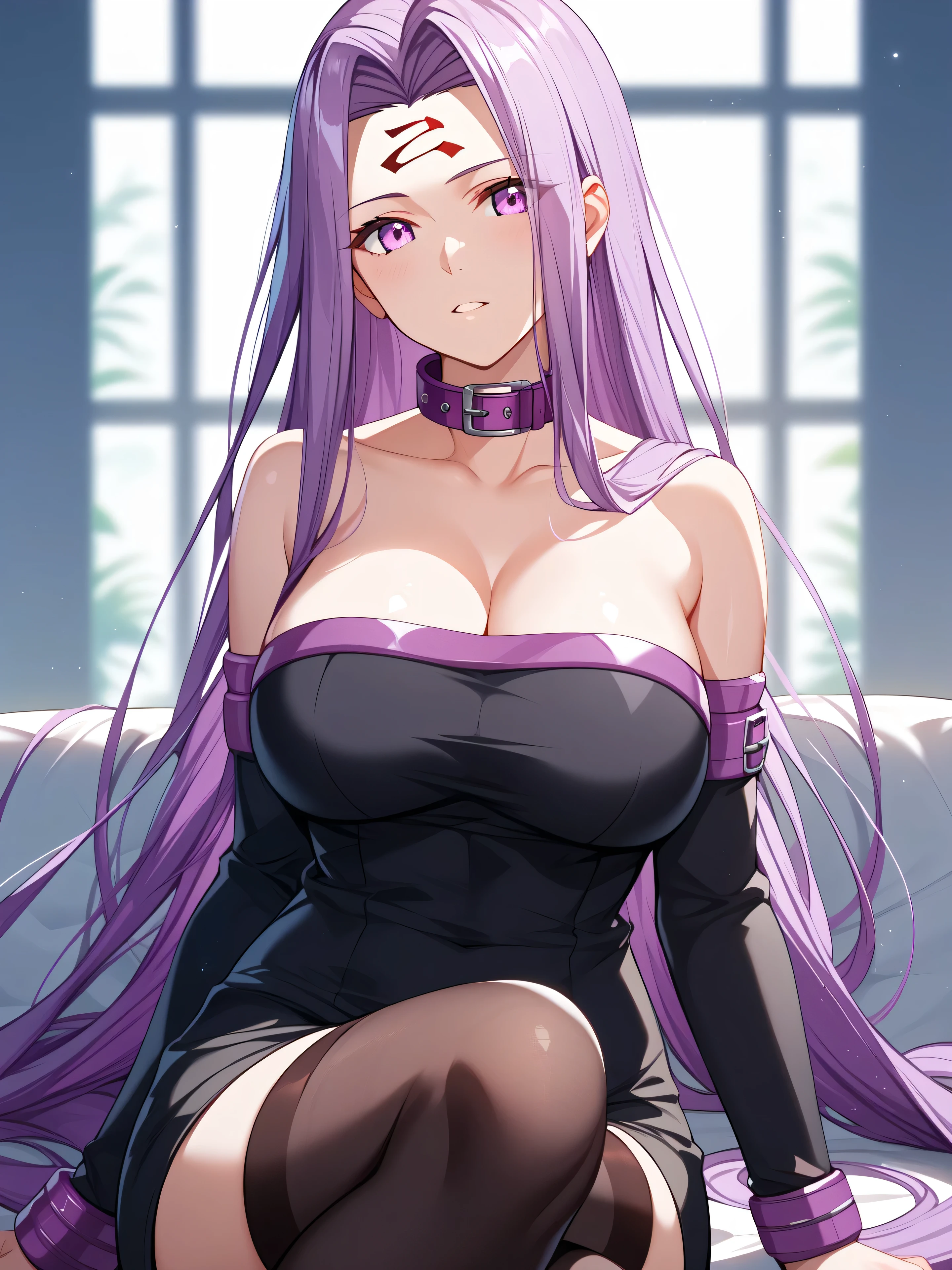 master piece、Best Quality,Super detailed,High resolution,Extremely detailed CG,Unity 8K Wallpaper,weat,score_9, score_8_up, score_7_up, score_6_up, score_5_up, score_4_up, source_anime,mature female,professional quality,medusa, purple eyes, forehead mark, purple hair, absurdly long hair,purple collar, black dress, short dress, strapless dress, detached sleeves, black sleeves, black thighhighs