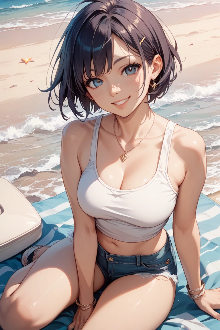 (Highest quality、masterpiece、High resolution、8K)、Vibrant colors、Young and beautiful woman 1、whole body、Brown and black short bob、barefoot、(Detailed face、Beautiful Eyes、Beautiful nose、Pretty lips)、Ample beautiful breasts、Beautiful cleavage、White shirt and shorts、Running on the beach、A refreshing smile、Official Art、The background is the sea、blue sky、White waves and wide sandy beach、Wide forest、White Entrance Cloud、(Depth of written boundary:1.3)、